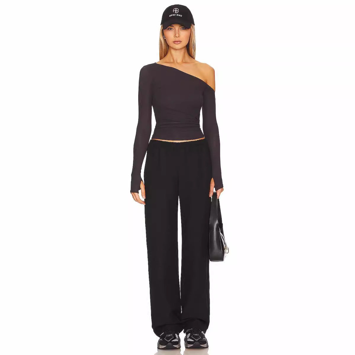 Slant Shoulder T shirt Shein Popular Slim Slimming Thumb Hole Long Sleeve Top Fall Women Clothing Bella Mia