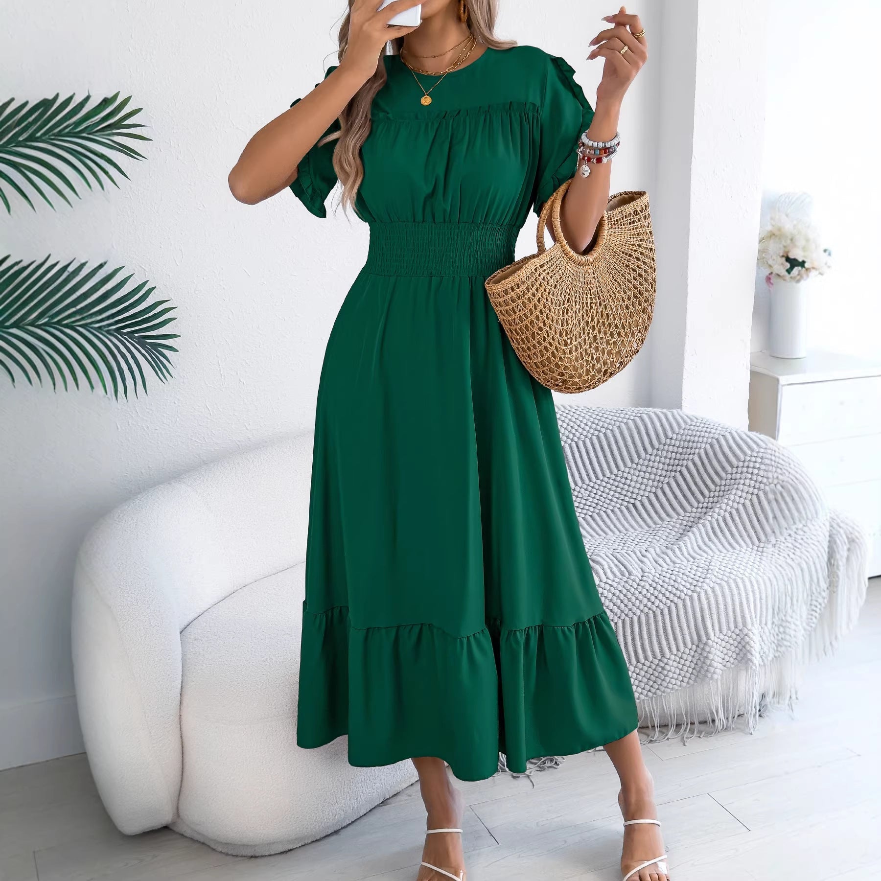 Spring Summer Casual Stringy Selvedge Short Sleeve Smocking Waist Controlled Large Hem Maxi Dress Women Clothing