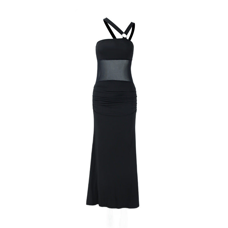 Women Clothing Summer Irregular Asymmetric Shoulder Wrapped Chest Slim Mesh Stitched Backless Niche Dress Bella Mia