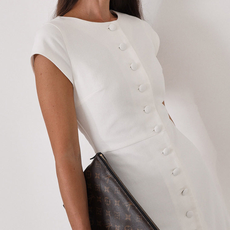 Round Neck Flying Sleeves Dress Women Elegant Waist Single Breasted White Sheath Dress Bella Mia