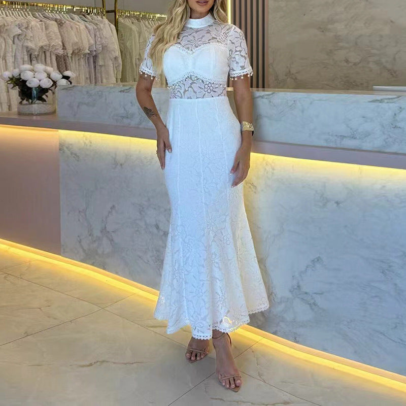 French Sneaky Design Light Luxury Dress Autumn Stand Collar Short Sleeve Lace Hollow Out Cutout Sheath Dress for Women Bella Mia