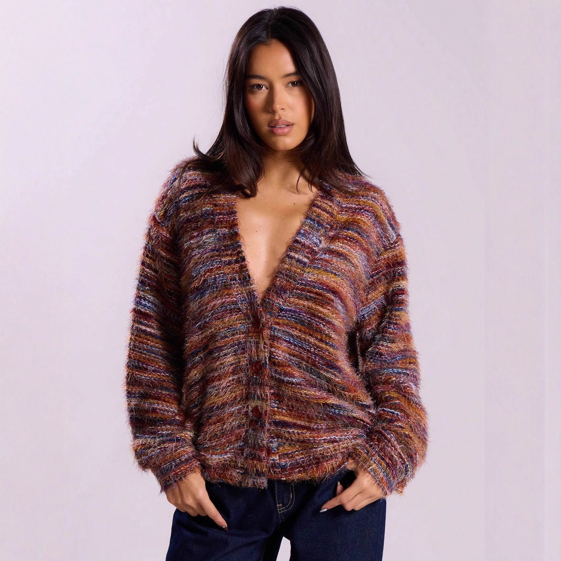 Retro Deep V Plunge neck Design Maillard Plush Long Sleeve Cardigan Bella Mia