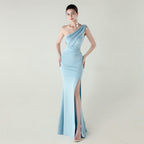 One Shoulder Slim Fit Satin Folding High Slit Sexy Evening Dress Fishtail Dress Dinner Wedding Social Networking Bella Mia