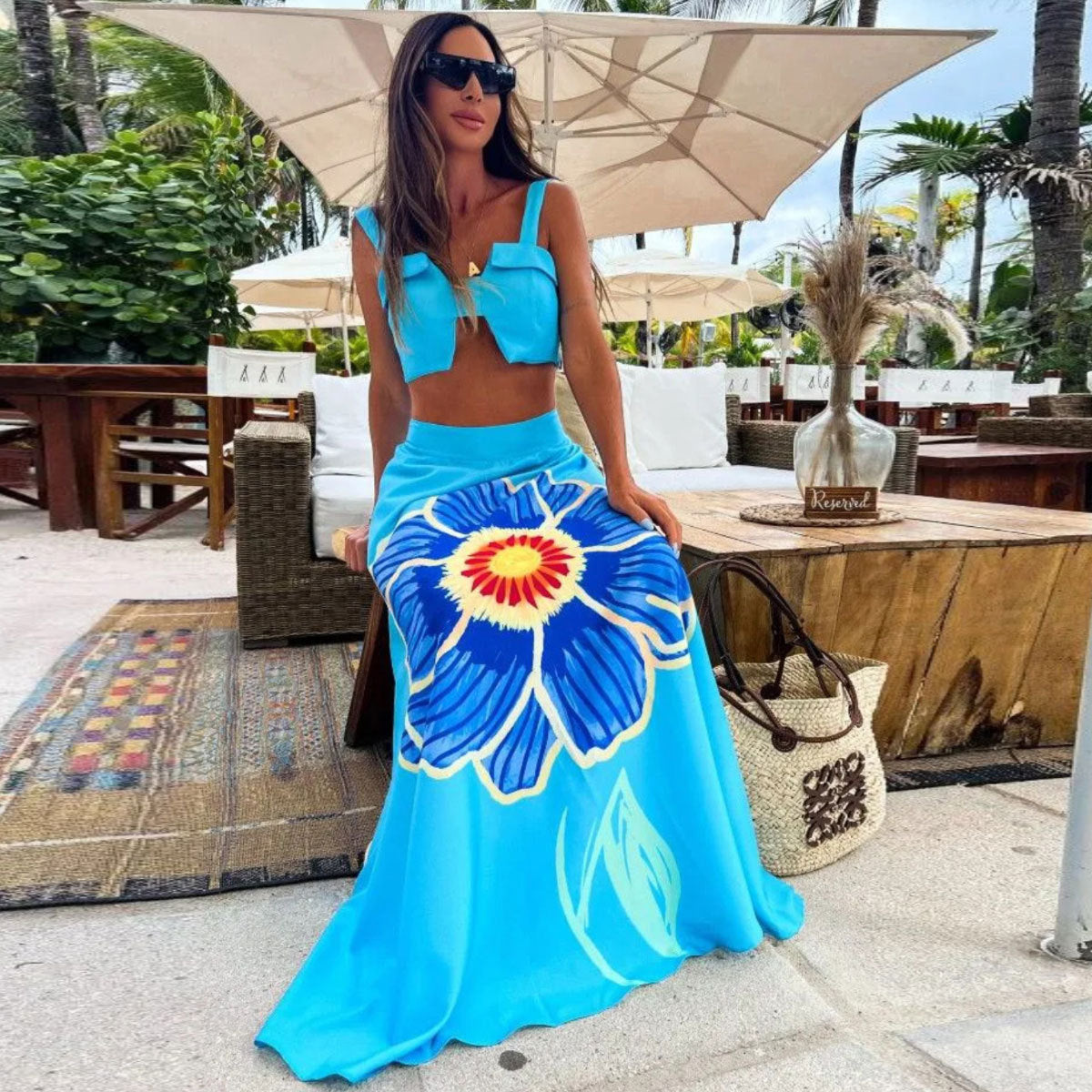 Retro Large Printed Beach Skirt Set Sexy Split Two Piece Sets Bella Mia