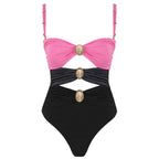 Round Buckle Decorative Color Matching Hollow Out Cutout out Swimsuit Set Women Bella Mia