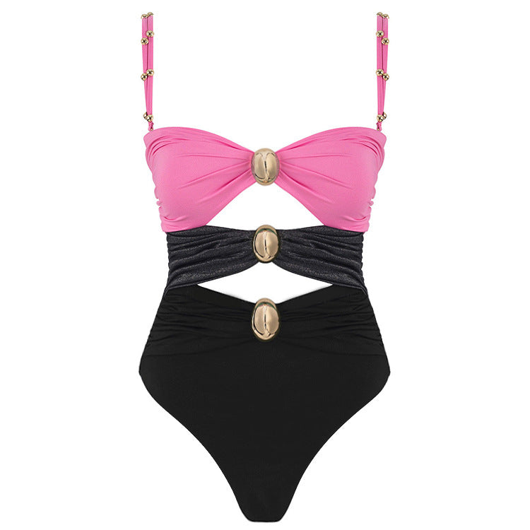Round Buckle Decorative Color Matching Hollow Out Cutout out Swimsuit Set Women Bella Mia