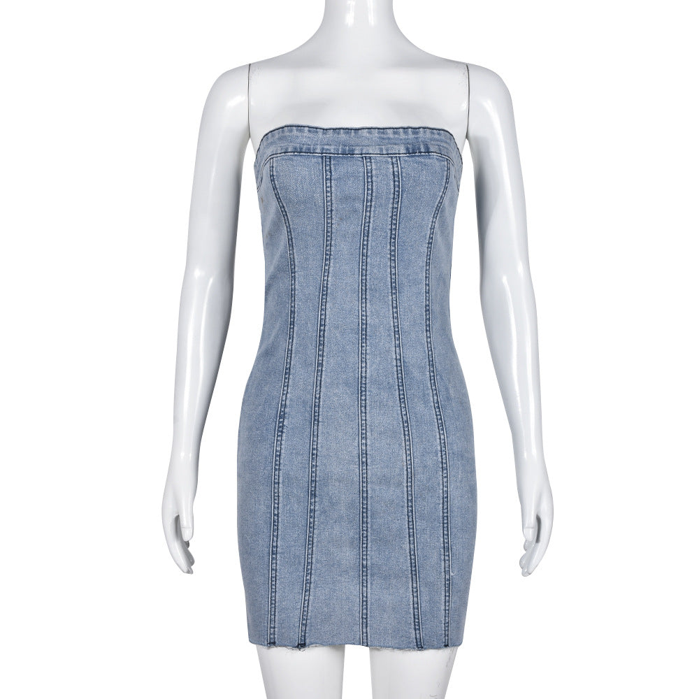 Denim Spring Summer Sexy Backless Wash Chest Wrapped Dress Women Bella Mia