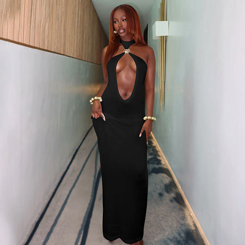 Women Clothing Winter Solid Color Tied Halter Sexy Cutout Slim Fit Dress Bella Mia
