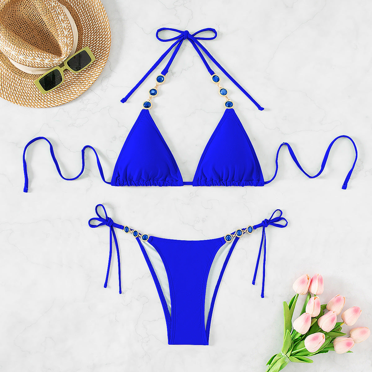 Sexy Sling Split Women Bikini Solid Color Swimsuit Diamond Ornament Halter Two Piece Set Bella Mia