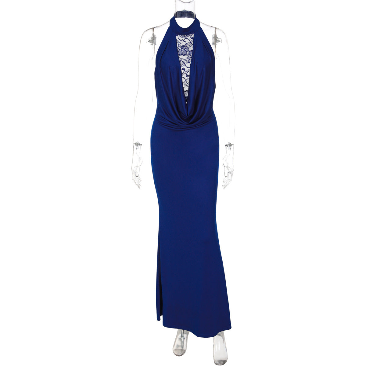French Women Clothing Winter Lace Stitching Sexy Hollow Out Cutout Backless Split Halter Dress Bella Mia