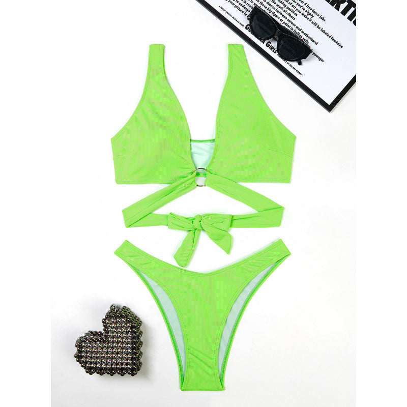 Women Split Three Point Solid Color Ring Small Sunken Stripe Bikini Sexy Swimsuit Bella Mia