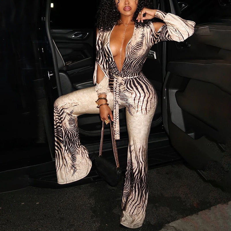 Sexy Deep V Plunge off-Shoulder Top High Waist Bootcut Pants Jumpsuit Bella Mia