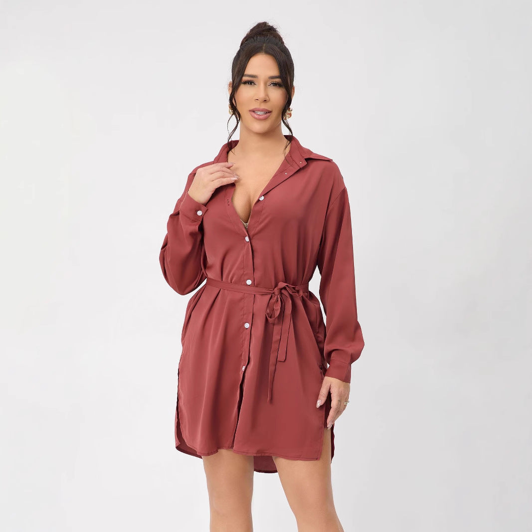 Casual Long Sleeve Women Clothing Long Shirt Collar Belt Two Piece Shorts Sets Women Spring Bella Mia