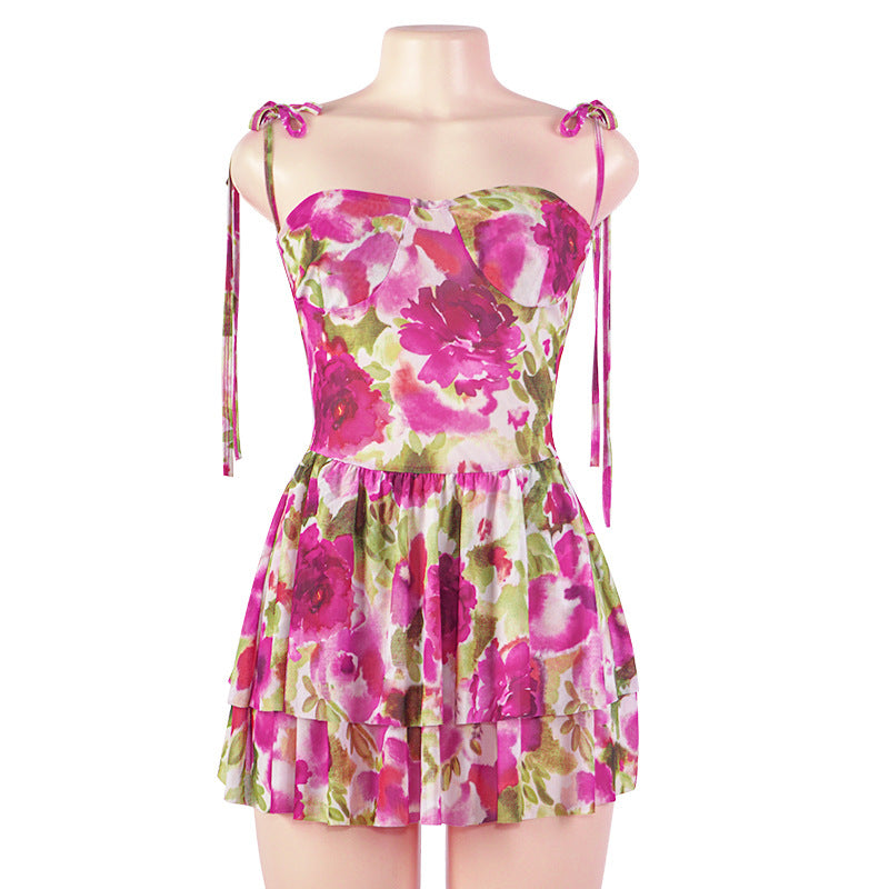Summer Sleeveless Floral Print Straps Tulle Short Dress Bella Mia