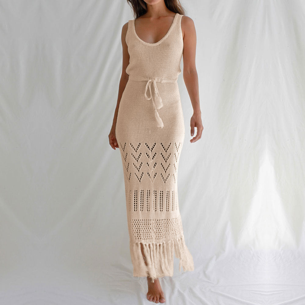 Sunscreen Beach Dress Hollow Out Cutout out Strap Women Maxi Dress with Tassel Bikini Swimsuit Blouse Bella Mia
