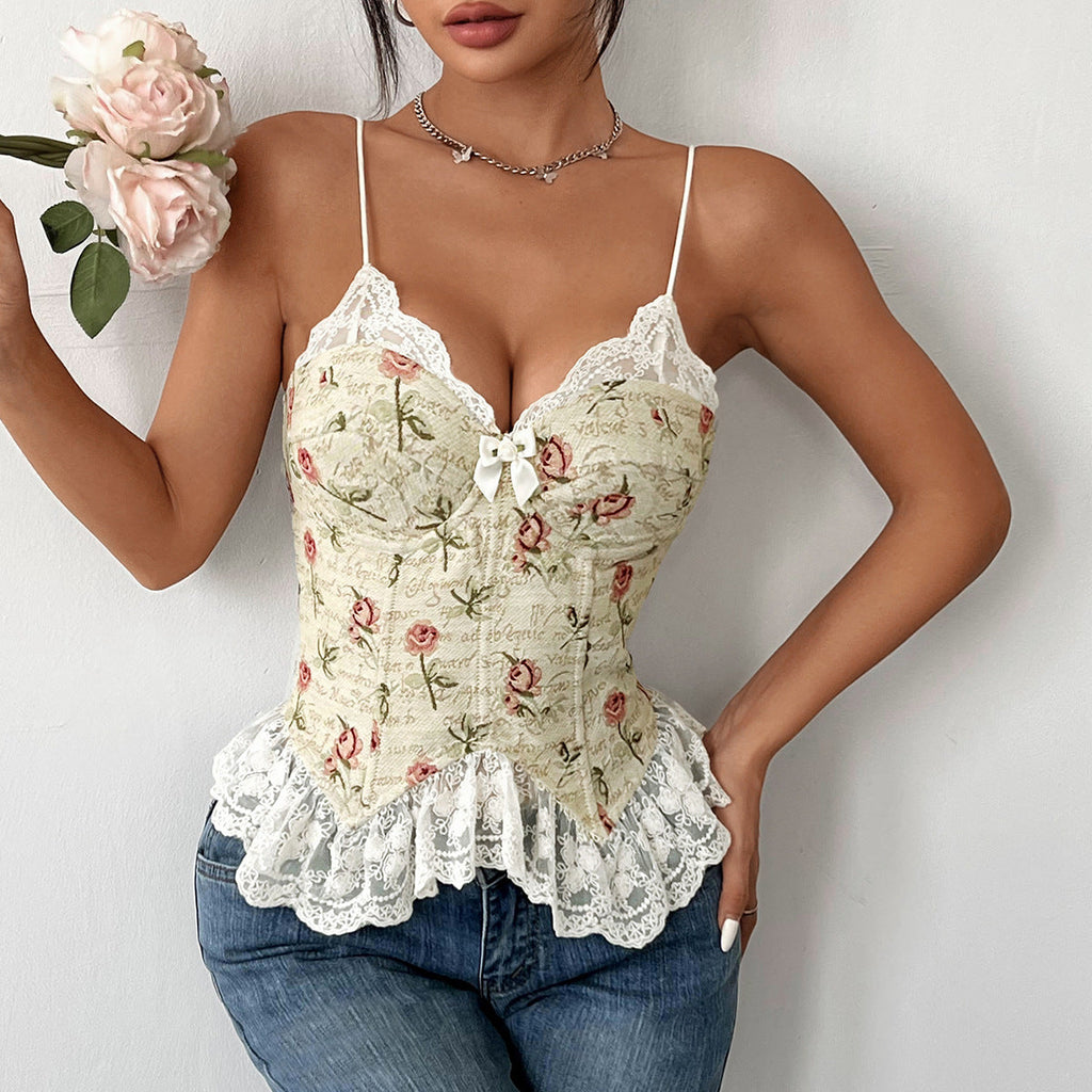 Women Clothing Vintage Jacquard Niche Stitching Sexy Lace Lace Spaghetti Strap Vest Bella Mia