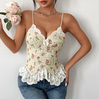 Women Clothing Vintage Jacquard Niche Stitching Sexy Lace Lace Spaghetti Strap Vest Bella Mia