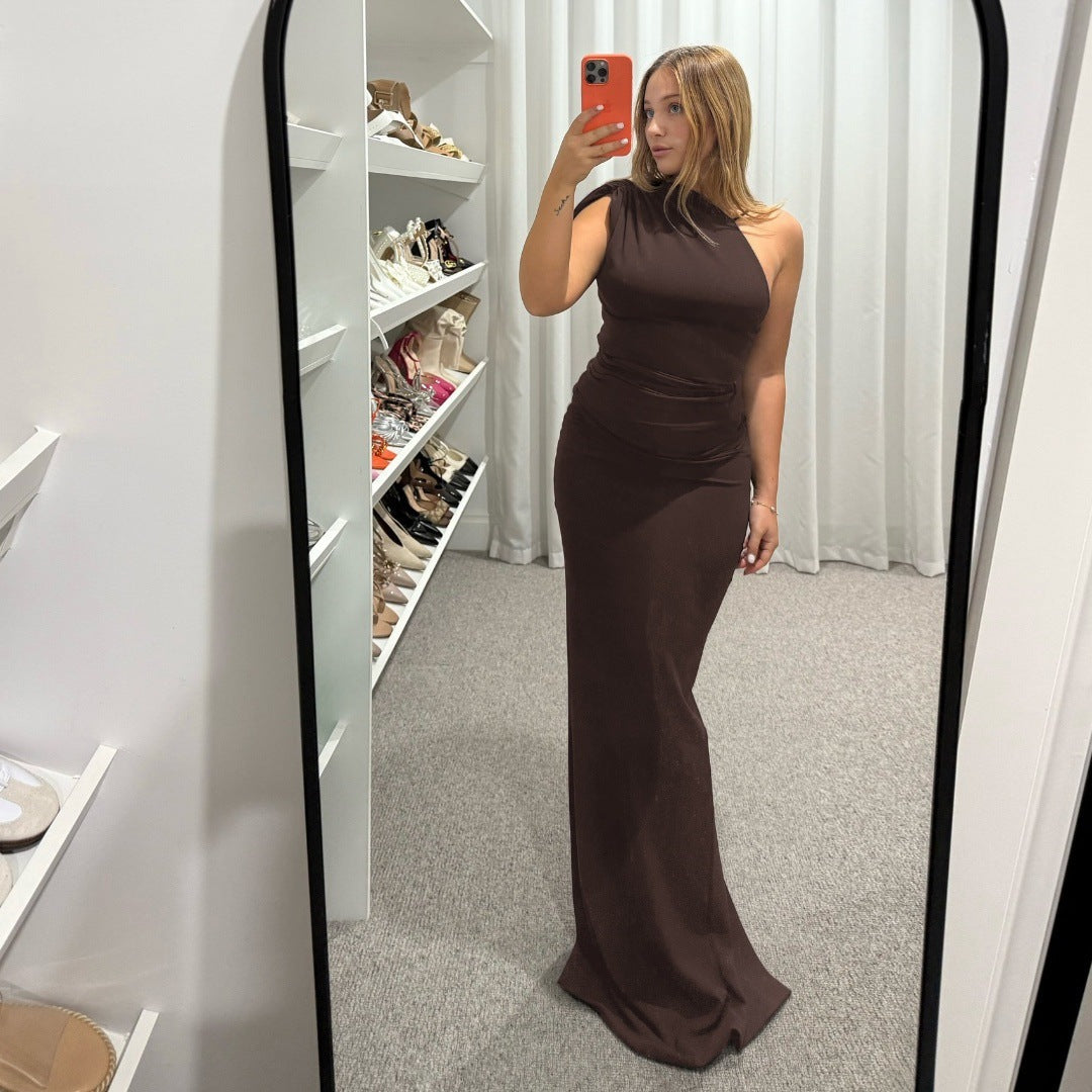 Women Clothing Summer Sexy Slant Shoulder High Waist Slim Fit Slimming Solid Color Sheath Dress Bella Mia