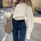 Gentle Diagonal Collar Loose Drawstring Slim Fit Solid Color Sweater Sexy Strapless All Matching Short Top Bella Mia