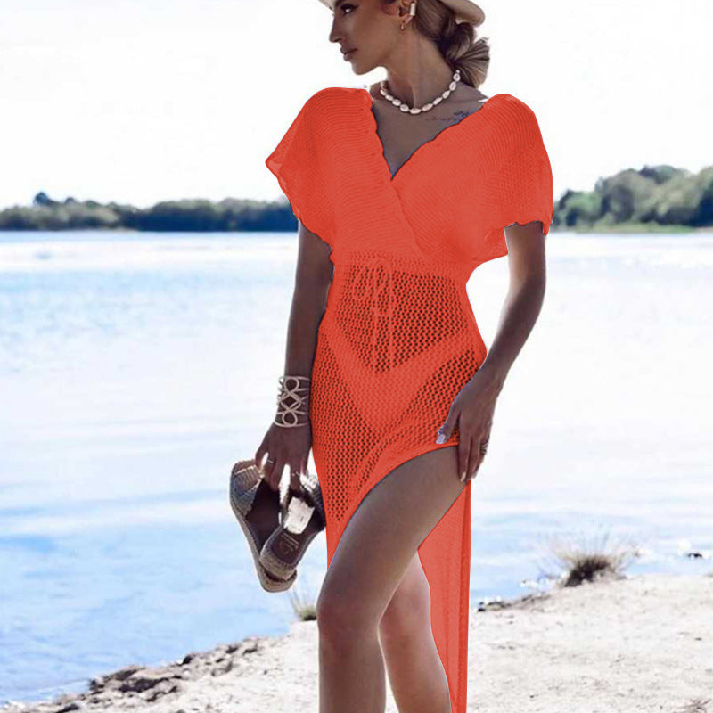 Summer Beach Dress Sexy Slit Short Sleeve Hollow Out Cutout out Strap Bikini Sun Shield Hanfu Long Robe Dress Crochet hook Crochet hook Crochet hook Bella Mia