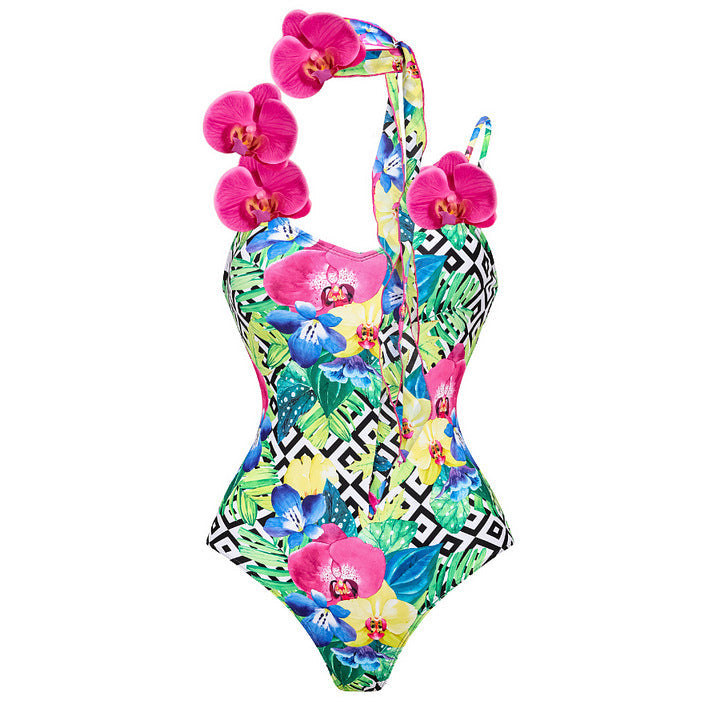 Floral Shoulder Strap Hollow Out Cutout Print One Piece Swimsuit Women Holiday Bella Mia