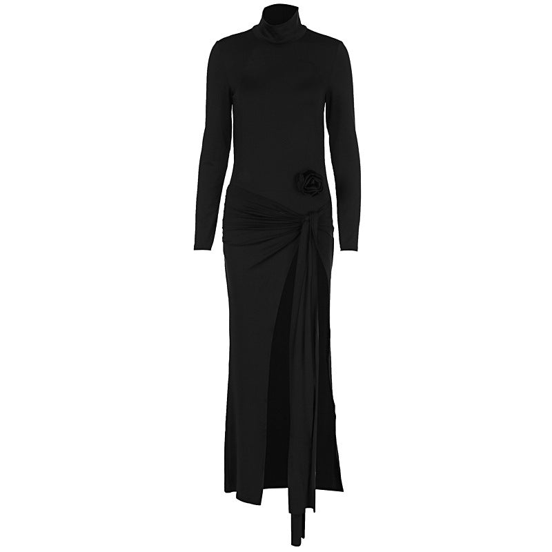Autumn Women High Collar Backless Long Sleeves Jumpsuit Sexy Slit Dress Bella Mia