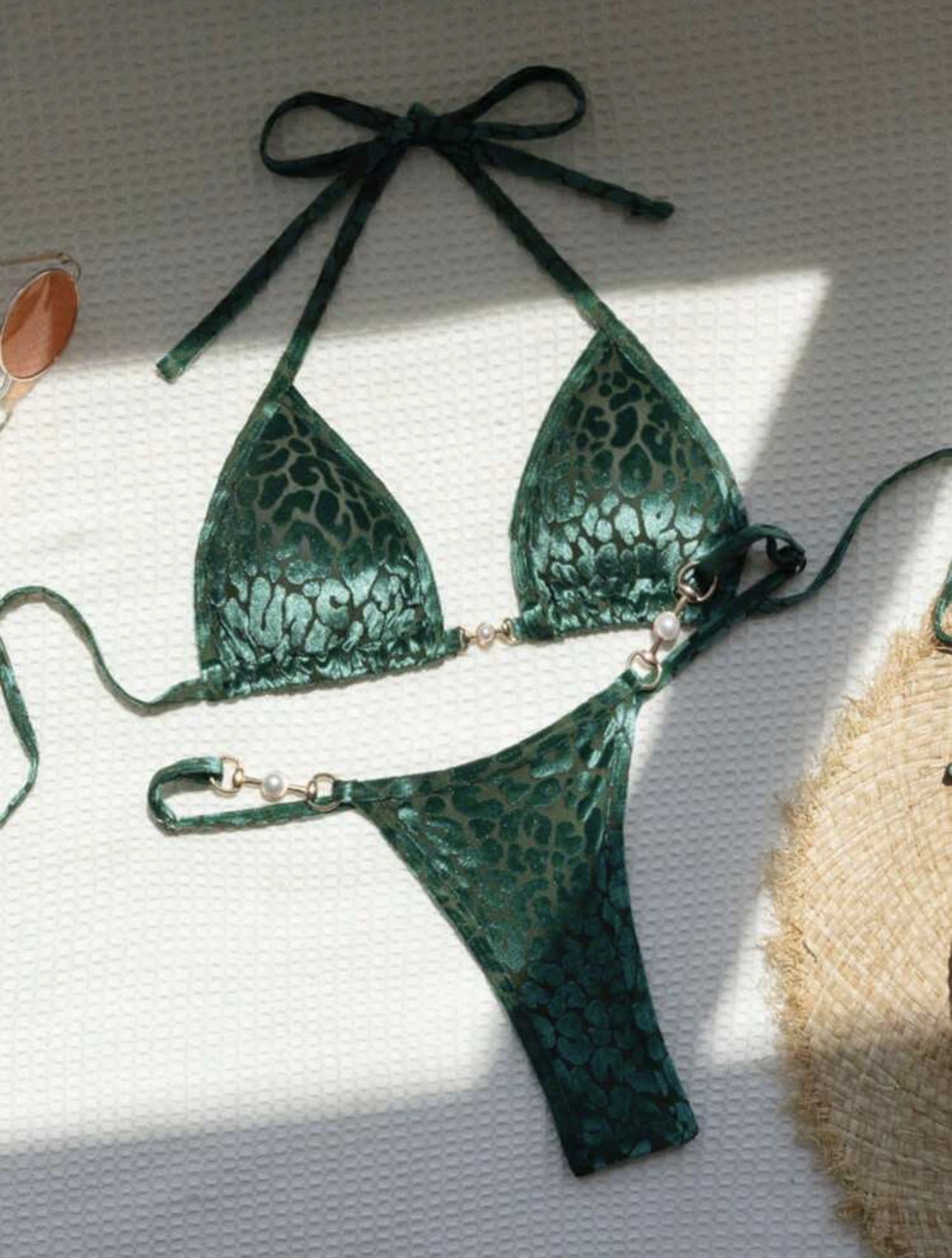 Sexy T Shaped Pearl Leopard Special Fabric Swimwear Swimsuit Bikini Bella Mia