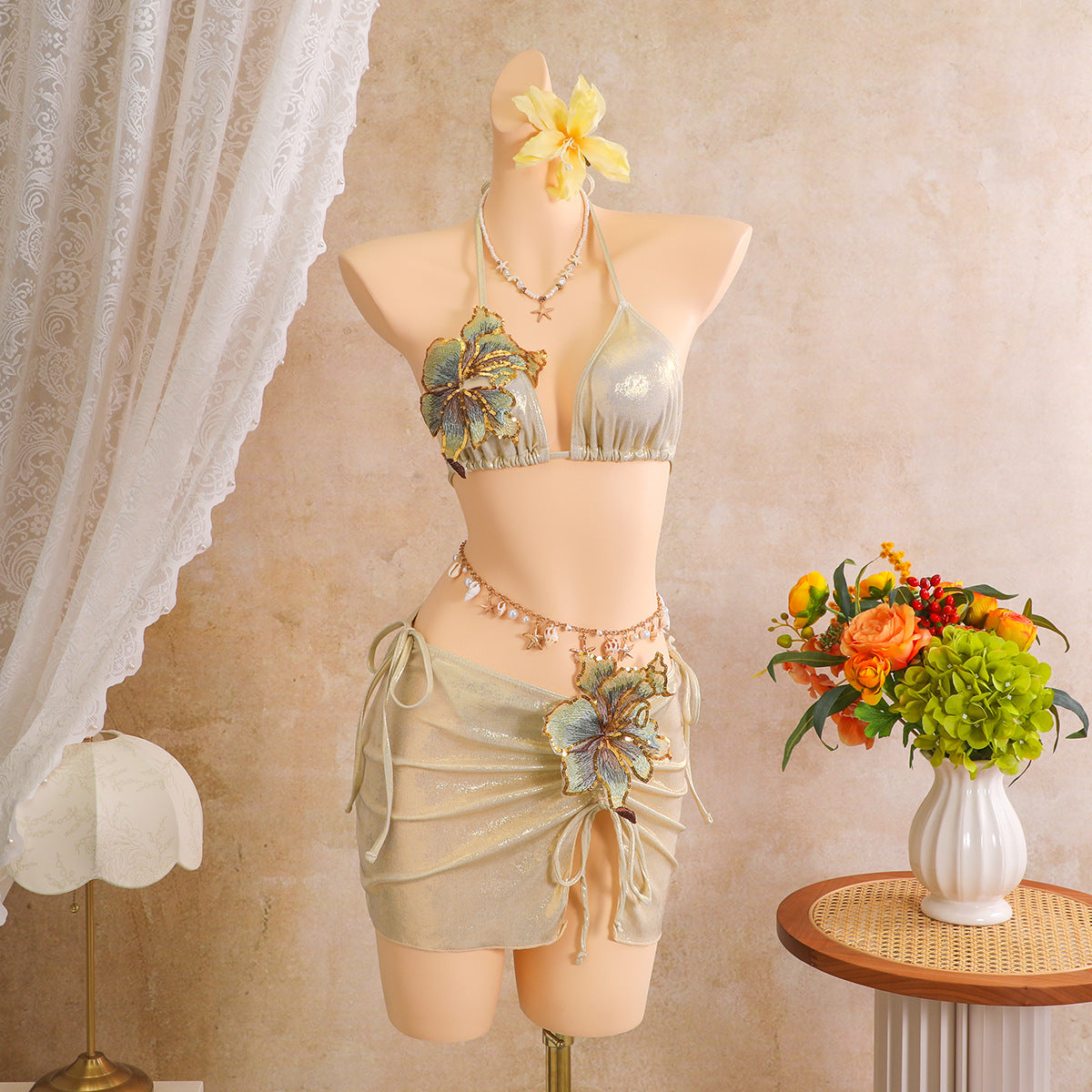 Sexy Bright Three Piece Sets Embroidered Floral Swimsuit Swimwear Bikini