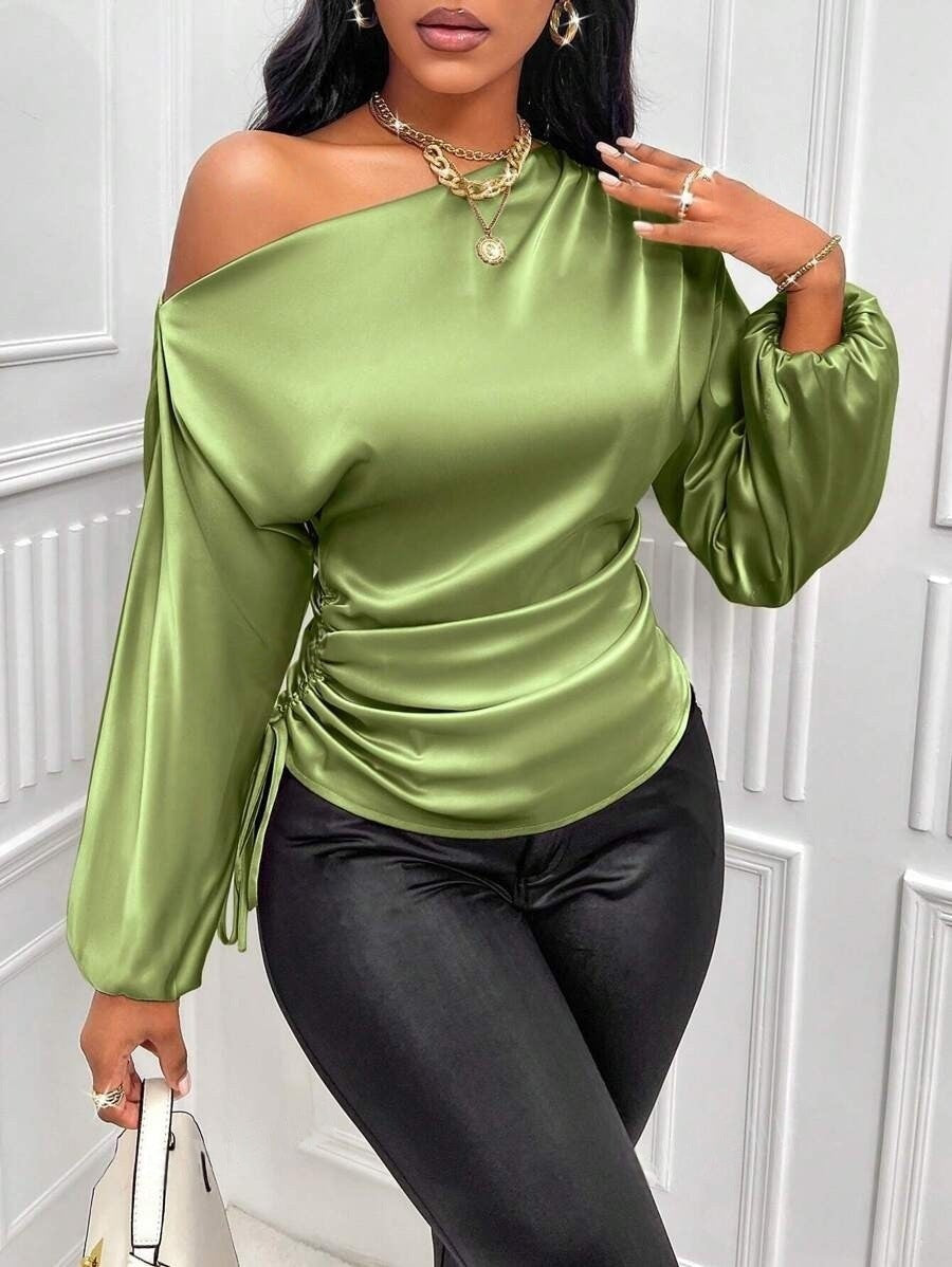 Women Clothes Satin Shirt Autumn Winter Asymmetric Long Sleeve Diagonal Collar Shirt Top Bella Mia