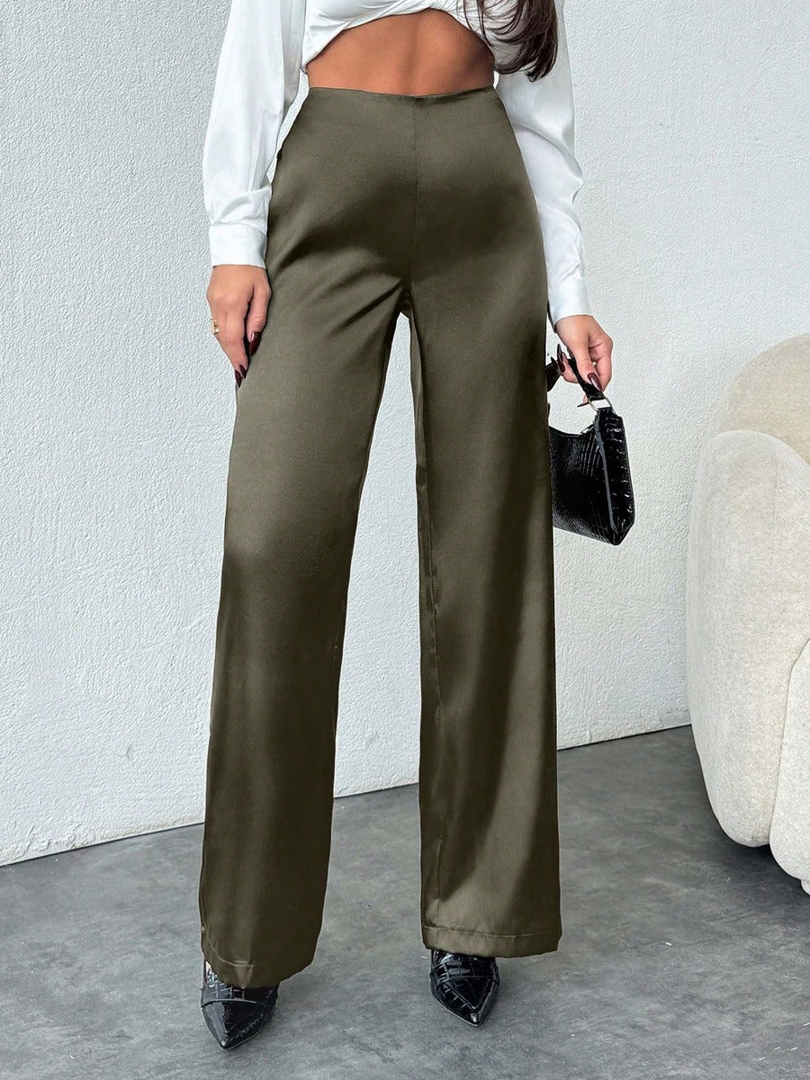 Women Clothing Autumn Satin Casual Pants Loose Black Satin Wide Leg Pants Bella Mia