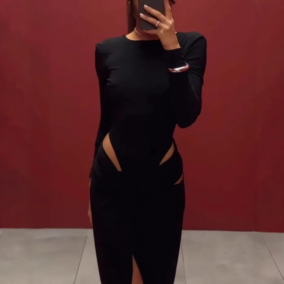 Women Clothing Spring Graceful Fashionable Long Sleeve Hollow Out Cutout Solid Color Dress Bella Mia
