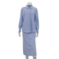 Women Cotton Split Skirt Office Collared Long Sleeve Cardigan Top Two Piece Set Bella Mia