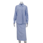 Women Cotton Split Skirt Office Collared Long Sleeve Cardigan Top Two Piece Set Bella Mia