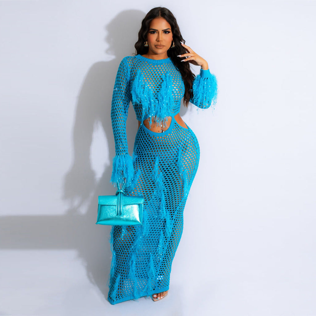 Women Clothing Sexy Handmade Knitted Beach Dress Hollow Out Cutout Out Mink Tassel Maxi Dress Bella Mia
