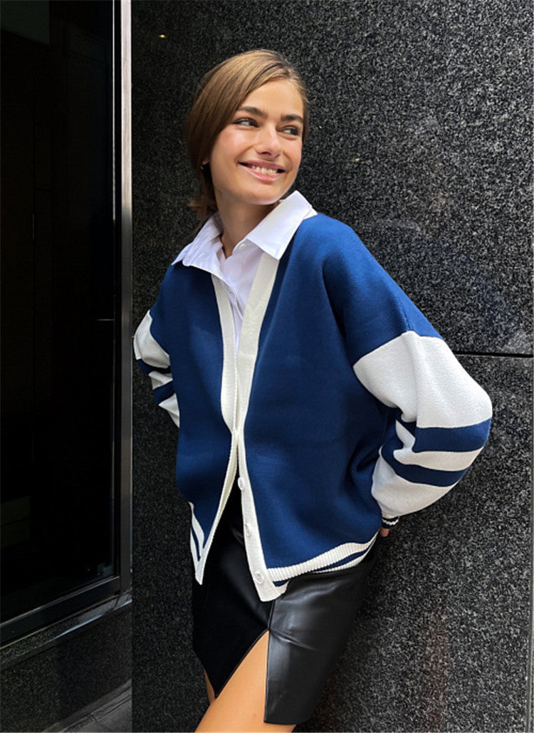 Contrast Color Cardigan Loose Casual Autumn Winter Sweater Women Striped Simple Knitted Sweater Coat Bella Mia
