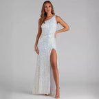 Sequined Sleeveless Slit Shoulder Belt Tight Party Dress Bella Mia