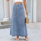 Elastic Waist Front Breasted Stitching Design All Matching Jeans Skirt Women Bella Mia