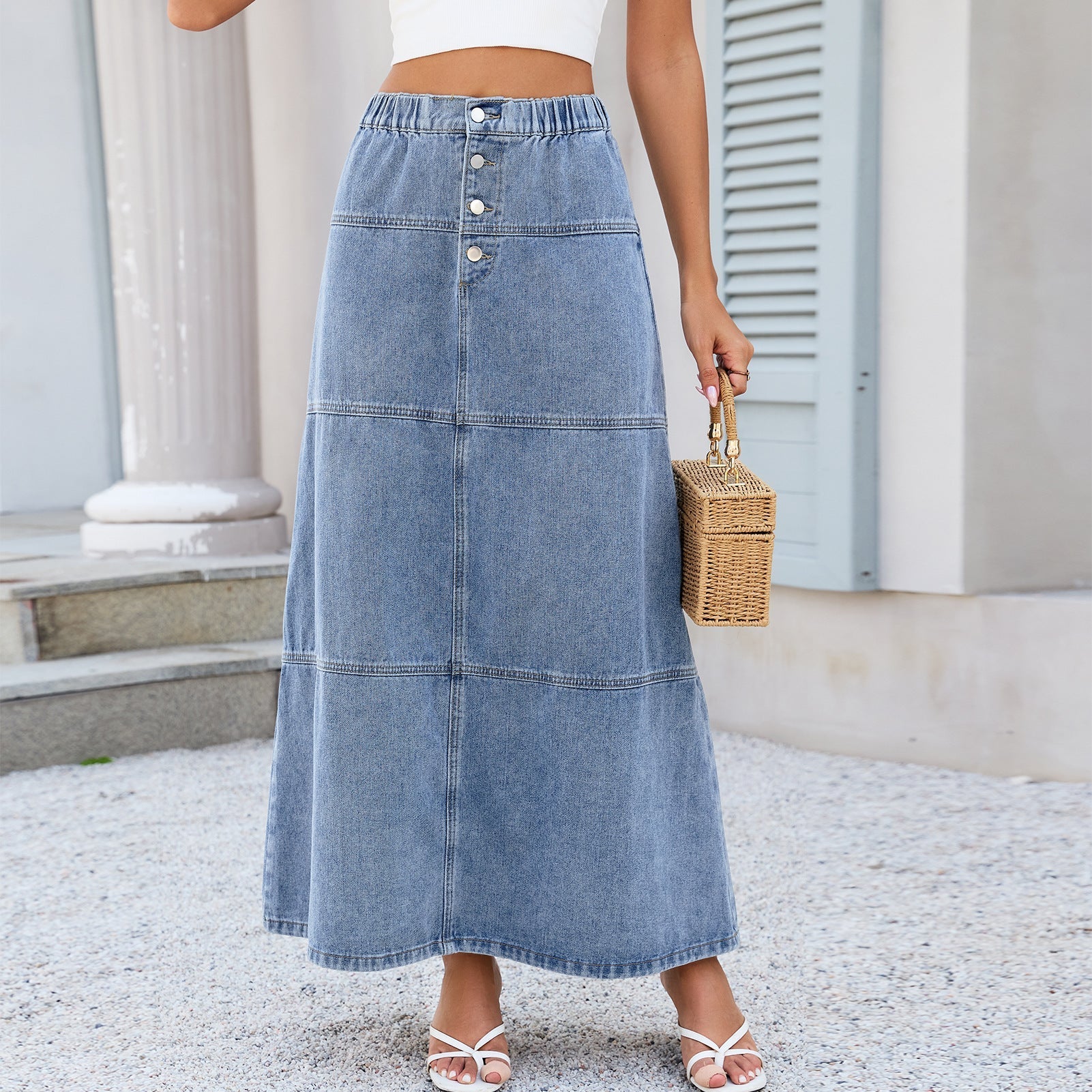 Elastic Waist Front Breasted Stitching Design All Matching Jeans Skirt Women Bella Mia