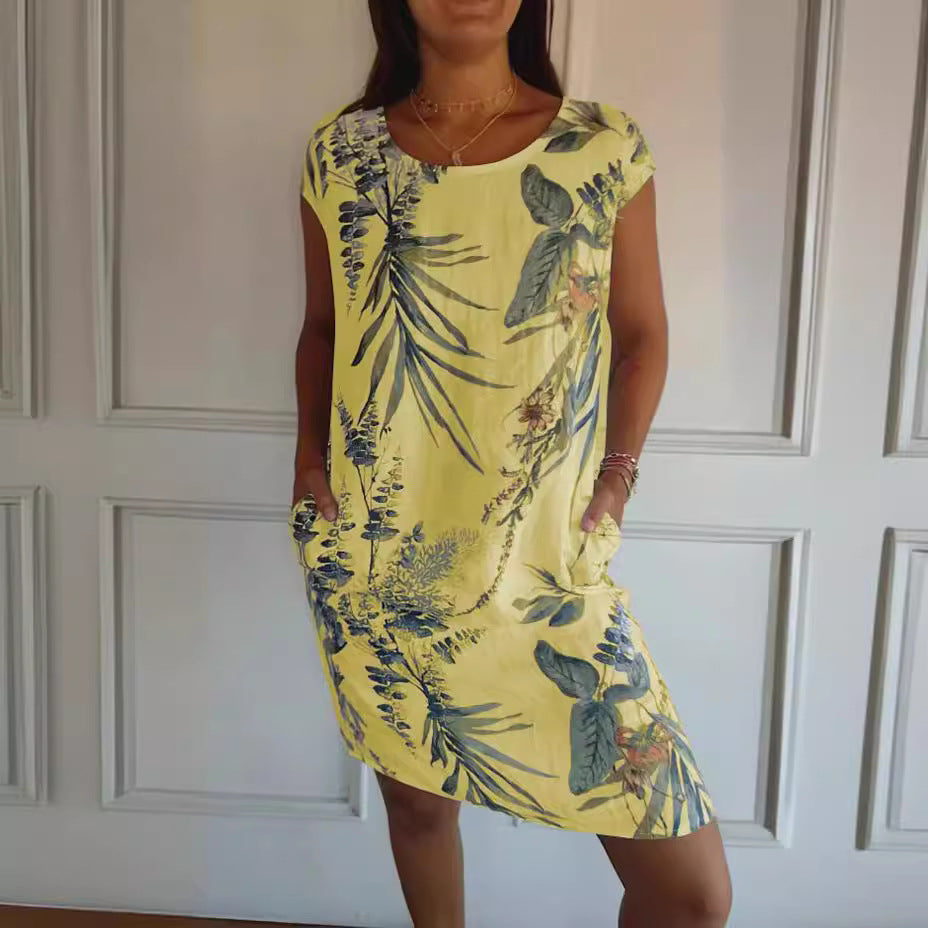 Women Clothing Summer Cotton Linen round Neck Printed with Pocket