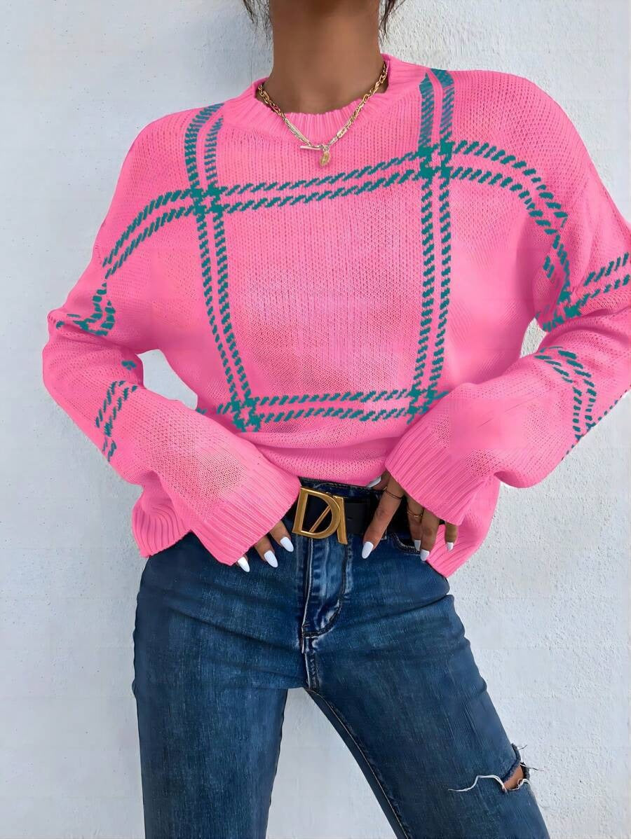 Autumn Winter All Matching Warm round Neck Sweater Women Plaid Drop Shoulder Pullover Sweater Bella Mia