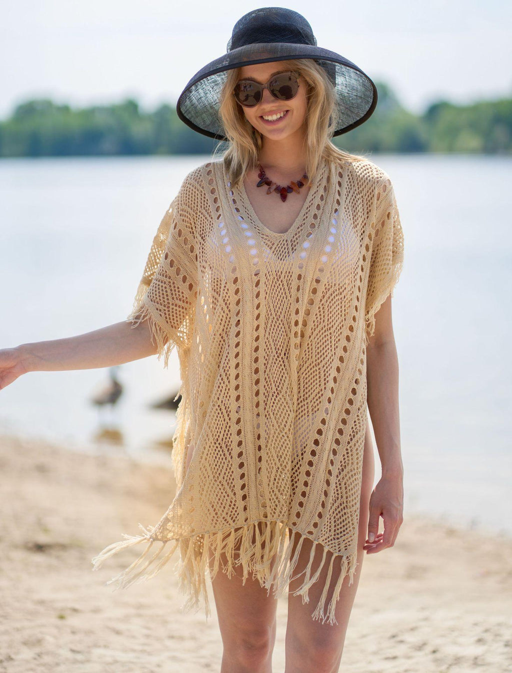 Apricot Color Knitted Beach Cover-up Sexy Tassel Hollow Out Cutout Holiday Sun Protection Shirt Bikini Cover Bella Mia