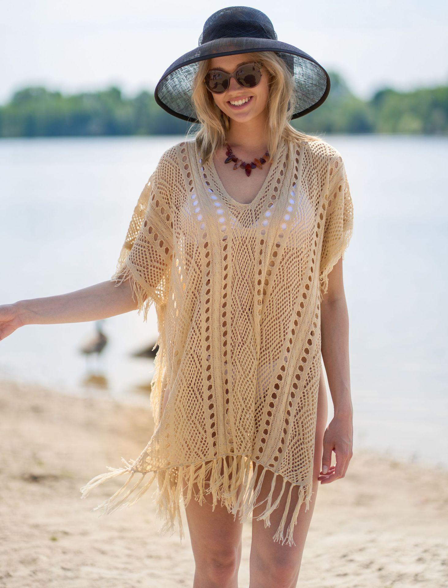Apricot Color Knitted Beach Cover-up Sexy Tassel Hollow Out Cutout Holiday Sun Protection Shirt Bikini Cover Bella Mia