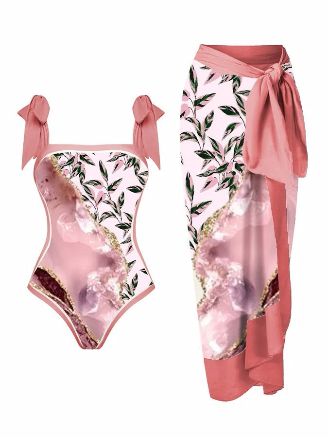 Swimwear Multi Color Printed Chiffon Dress One Piece Sunscreen Swimsuit Bella Mia