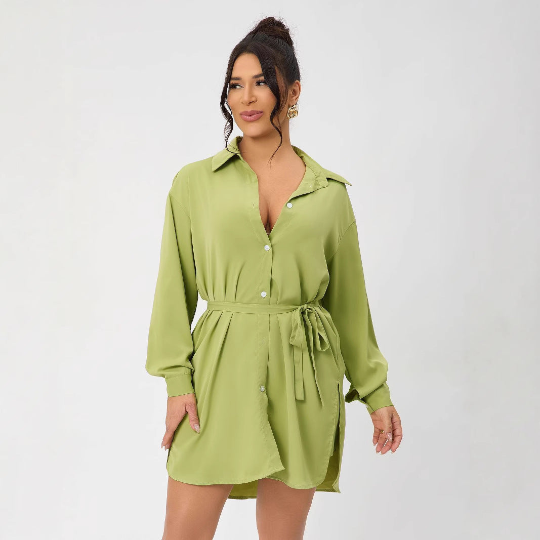 Casual Long Sleeve Women Clothing Long Shirt Collar Belt Two Piece Shorts Sets Women Spring Bella Mia