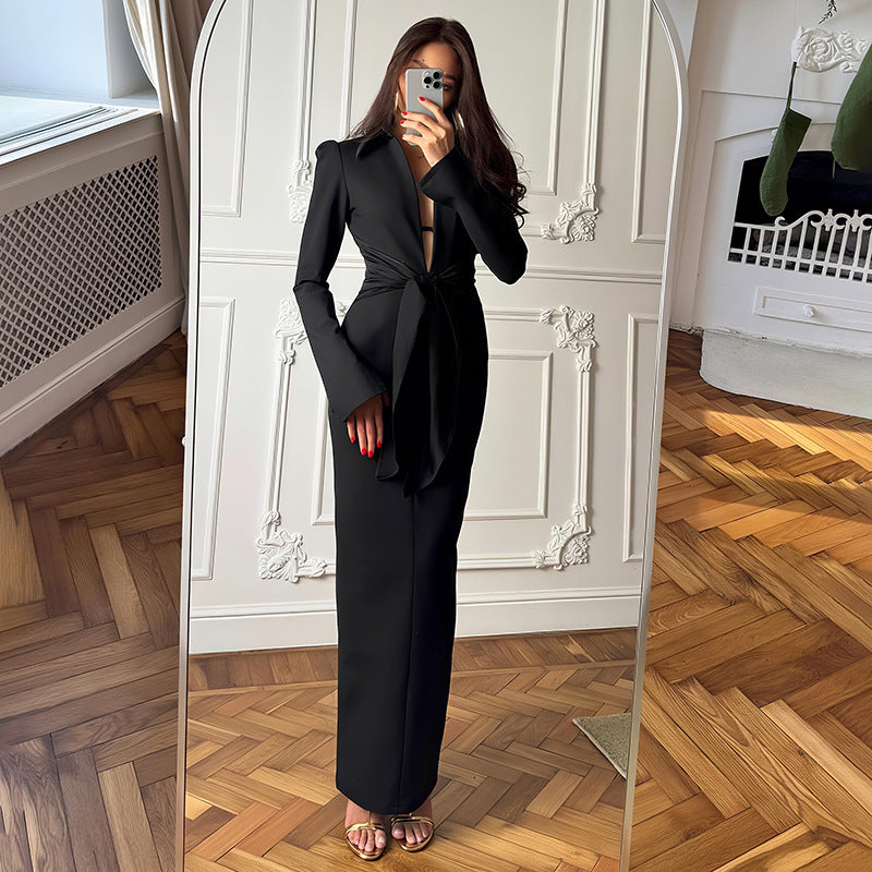 Fall Women Clothing Solid Color Collared Waist Tight Slim Fit Lace up Long Sleeve Zipper Dress Bella Mia