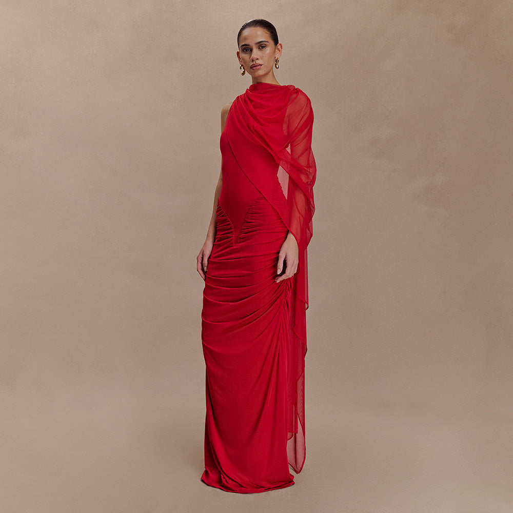 Fashionable Pleated Mesh Shawl Dress Sexy Sheath round Neck Slim Dress Bella Mia