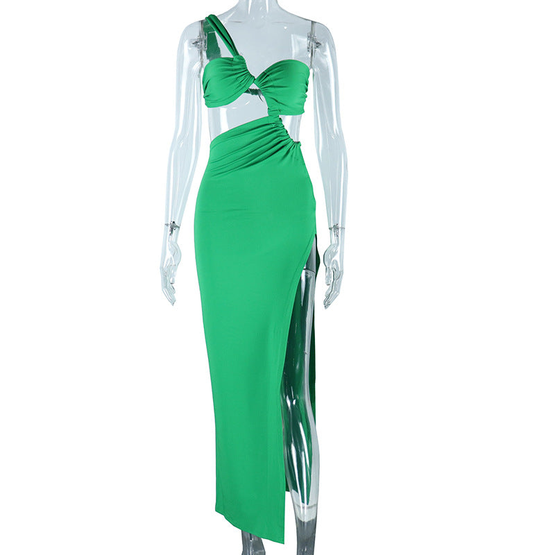 Sloping Shoulder Dress Solid Color Pullover Sexy Backless Evening Dress Long Socialite Split Bella Mia