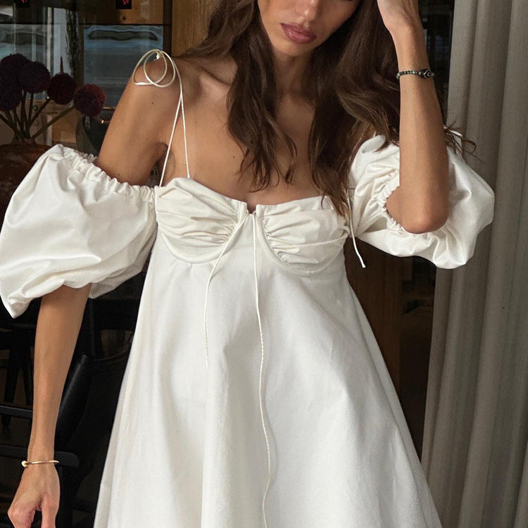 Sexy Low Cut off Neck Bubble Sleeve Tube Top Dress Sexy Backless White Cami Dress Bella Mia