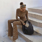 Spring Women Clothes Personality round Neck High Waist Slim Fit Backless Leopard Print Long Sleeve Jumpsuit Women Bella Mia