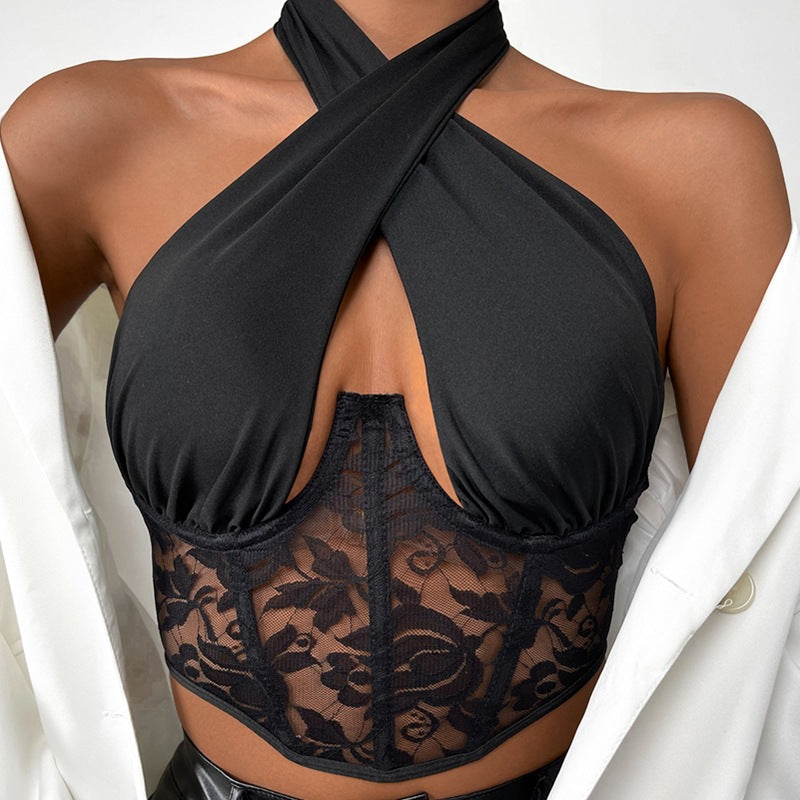Women Summer Stitching Lace Halter Lace-up Wrapped Chest Steel Ring sexy Vest Boning Corset Boning Corset Corset Bella Mia